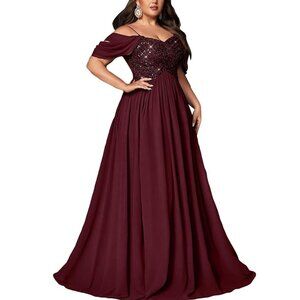 Burgundy Red Sequin & Chiffon A-Line, Unique Off-Shoulder Formal Gown Sz 12 NWT!